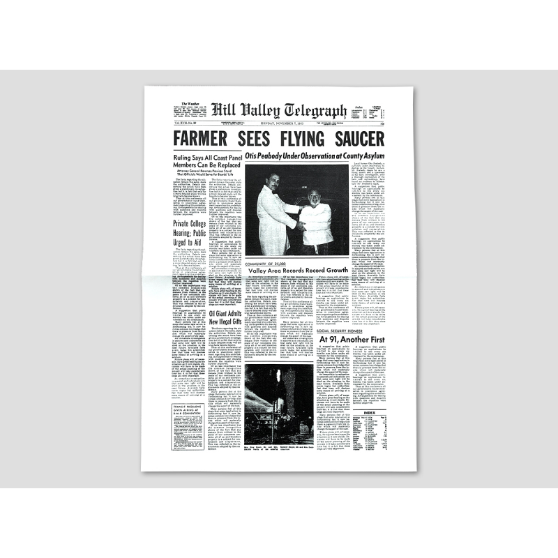 Titelseite HILL VALLEY TELEGRAPH "Farmer sees Flying Saucer" Titelseite HILL VALLEY TELEGRAPH "Farmer sees Flying Saucer"