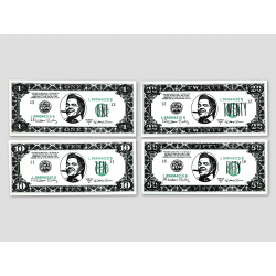 4 verschiedene Biffco Dollar-Noten (1$, 5$, 20$, 50$)