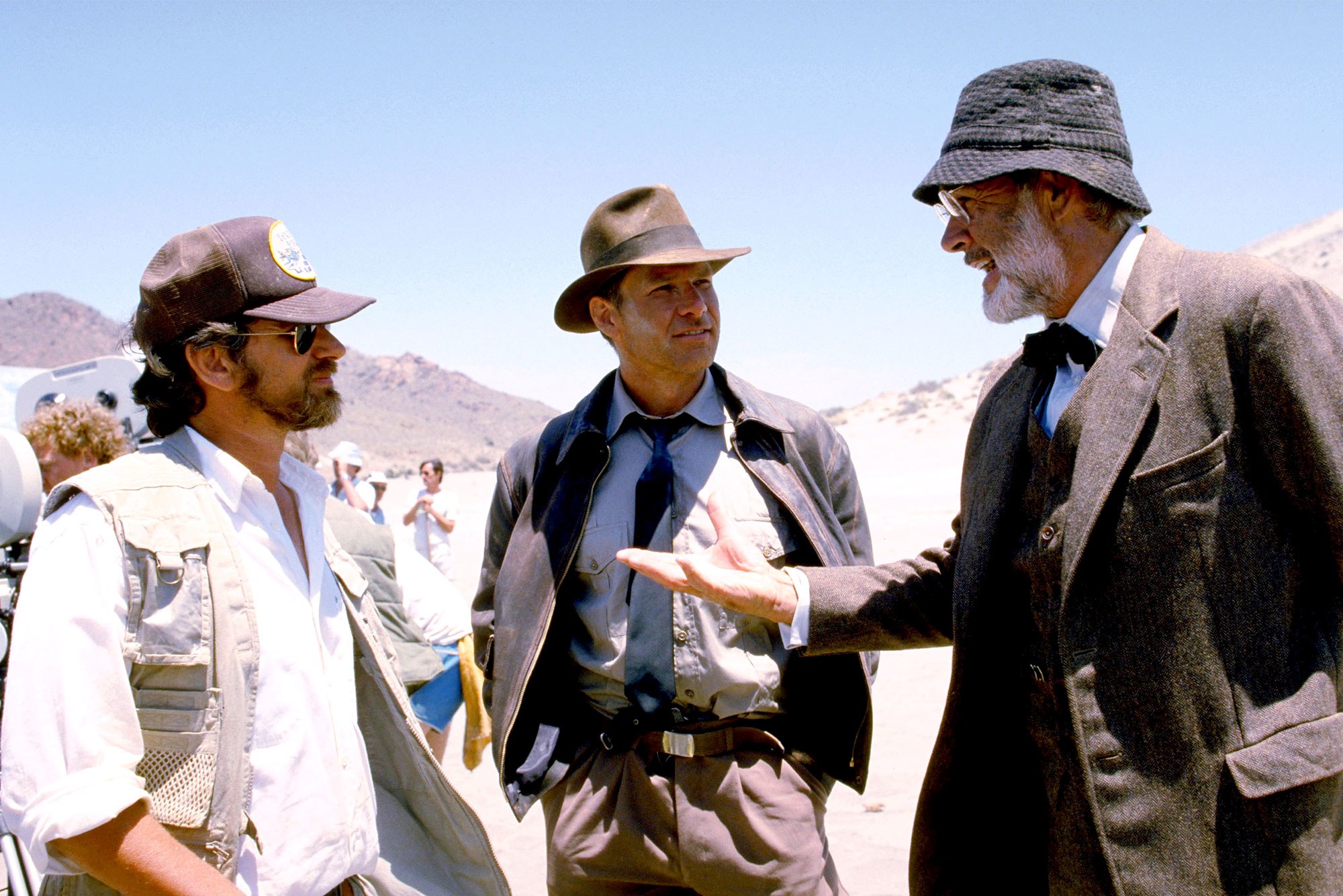 Harrison Ford and Sean Connery discuss last details with Steven Spielberg. Harrison Ford and Sean Connery discuss last details with Steven Spielberg.