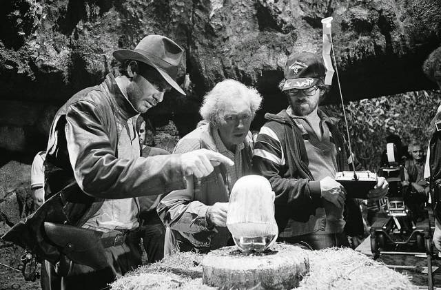 Harrison Ford and Steven Spielberg discussing the opening scene from 'Raiders of the Lost Ark' Harrison Ford and Steven Spielberg discussing the opening scene from Raiders of the Lost Ark.